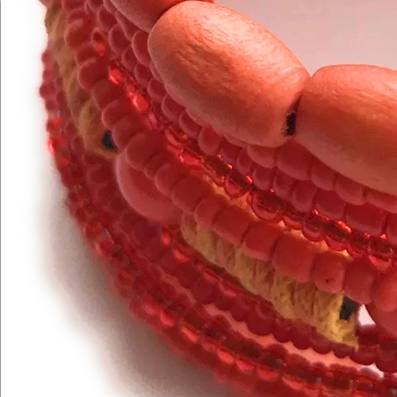 Orange Beaded Bangle Cuff Bracelet Wood - Picture 4 of 4
